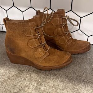 Sorel Toronto Tan Cognac Lace Up Wedge Booties - Suede Leather